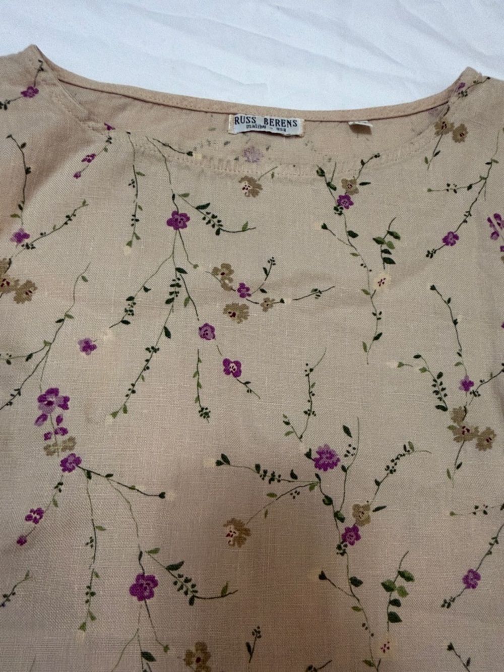 Russ Berens Malibu Beige Floral Hand Colored Maxi Dress 100% Linen M